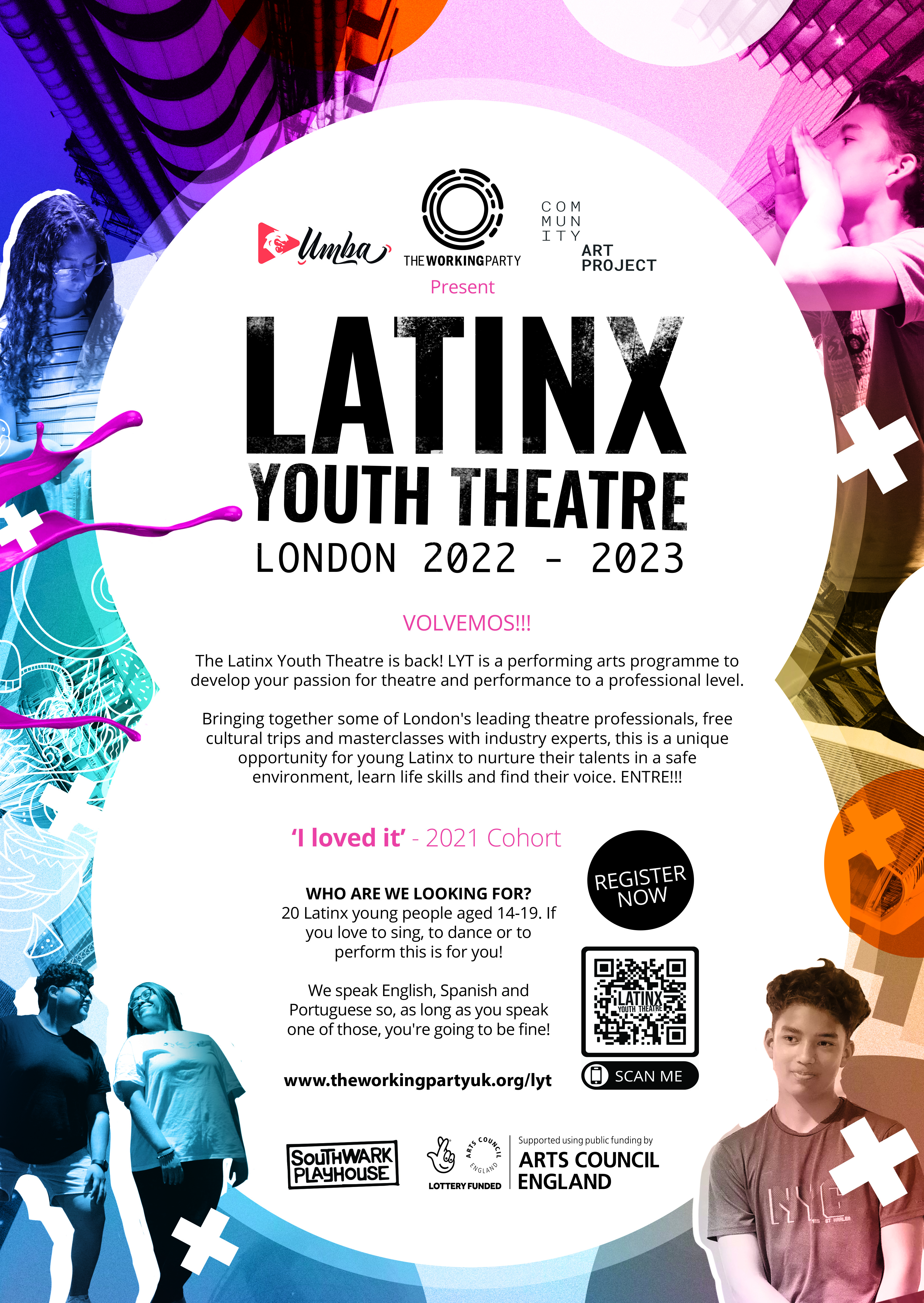 Front of our 2022 Latinx Youth Theatre Flyer with project information 