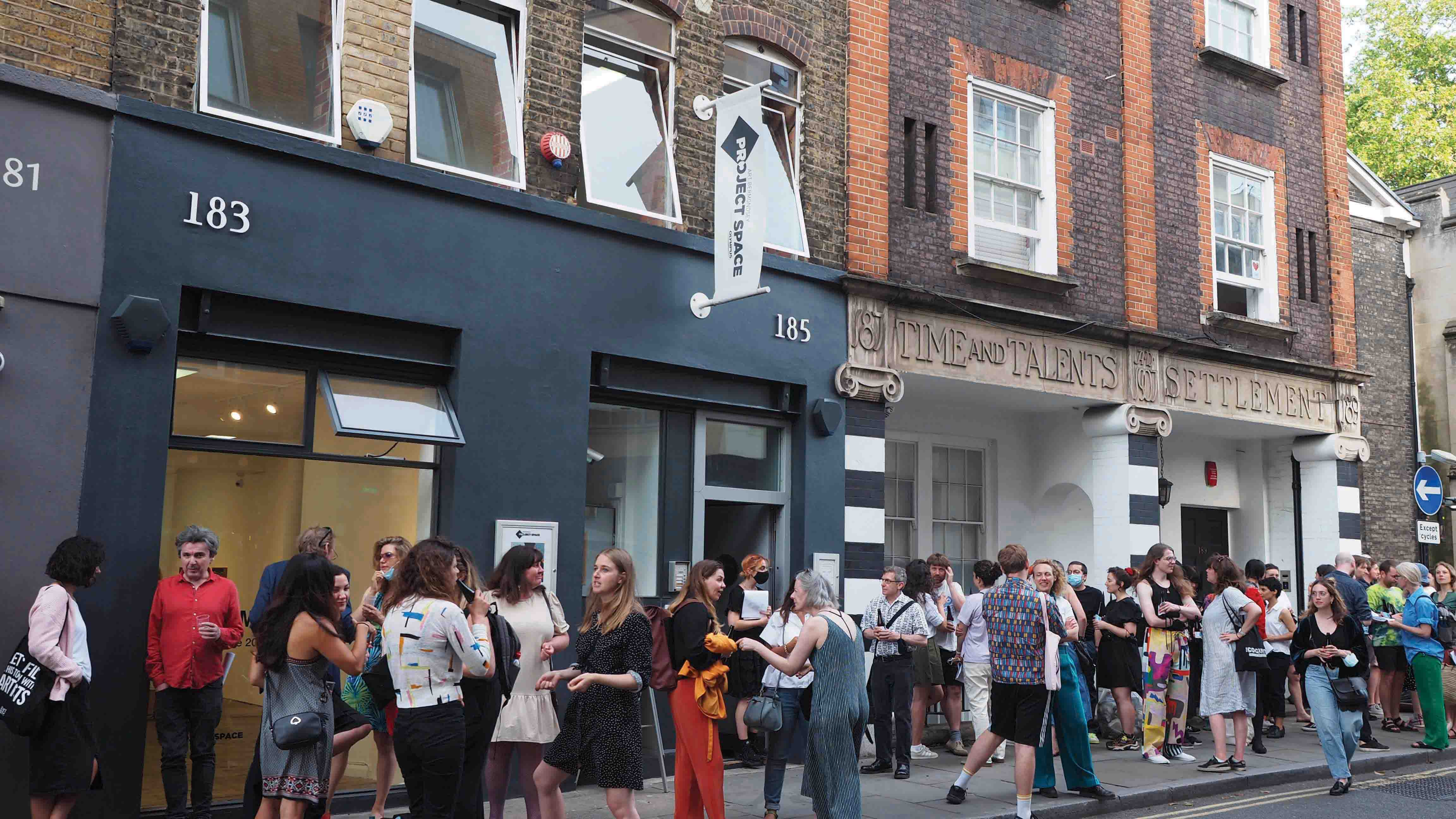 Crowds outside Bermondsey Project Space July 2021