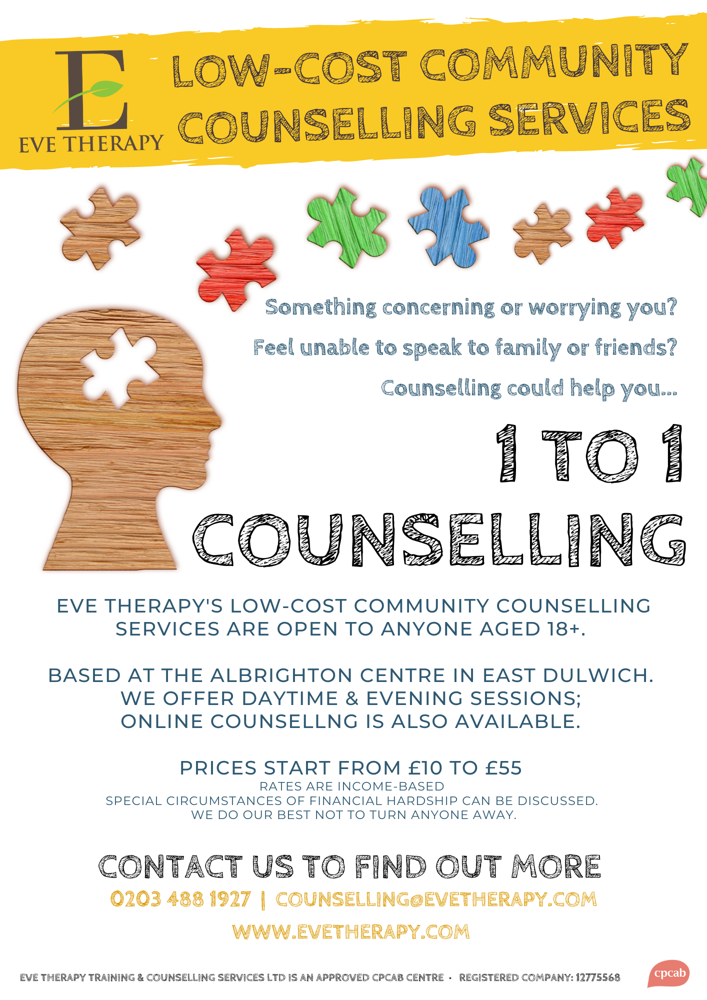 EVE Therapy Low-Cost Community Counselling - https://www.evetherapy.com/eve-counselling-agency.html